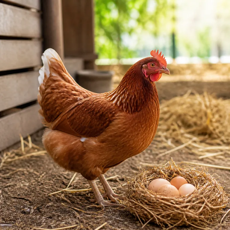 ภาพคำศัพท์จีน 鸡 แสดงแม่ไก่อยู่ข้างรังไข่ในฟาร์มที่สะอาด