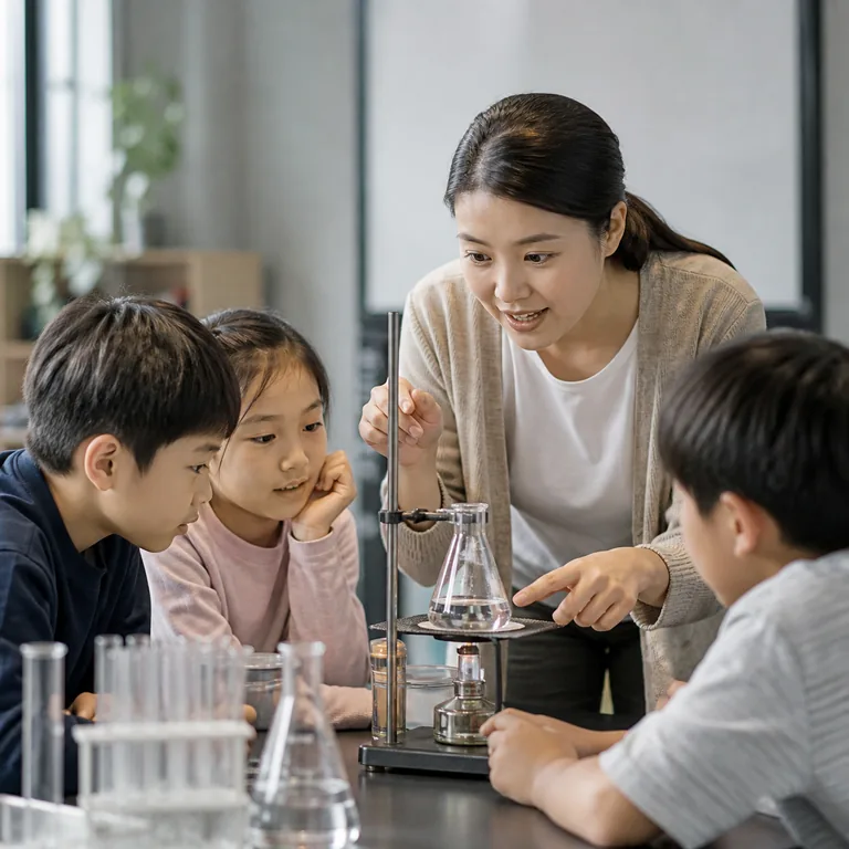ภาพคำศัพท์จีน 教学 แสดงครูกำลังสาธิตการทดลองให้นักเรียนเรียนรู้