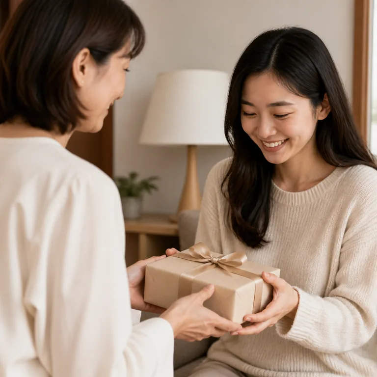 ภาพคำศัพท์จีน 接受 แสดงคนยิ้มรับของขวัญด้วยมือทั้งสองข้าง