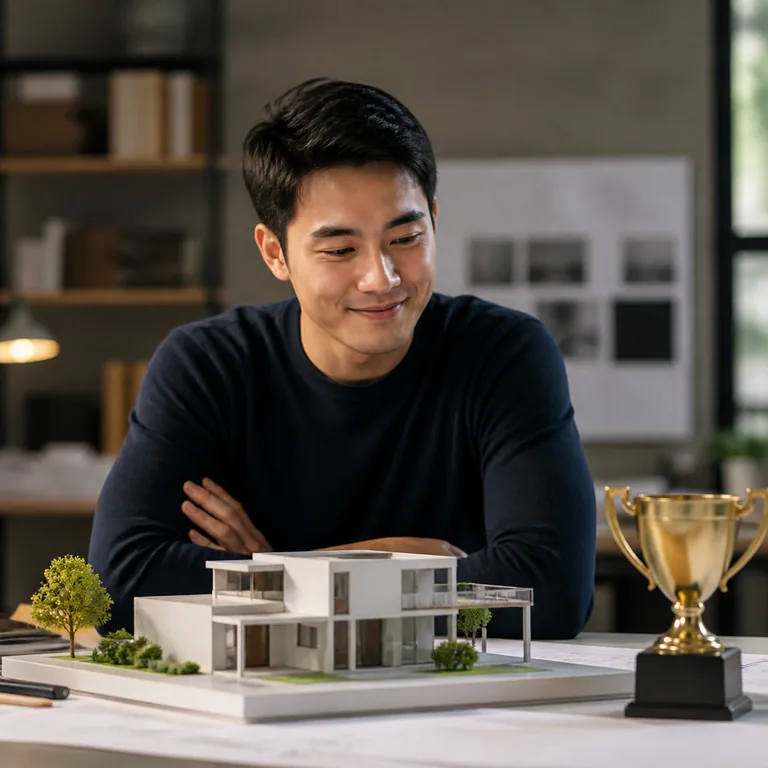 ภาพคำศัพท์จีน 结果 แสดงผลงานโมเดลที่เสร็จสมบูรณ์พร้อมถ้วยรางวัล