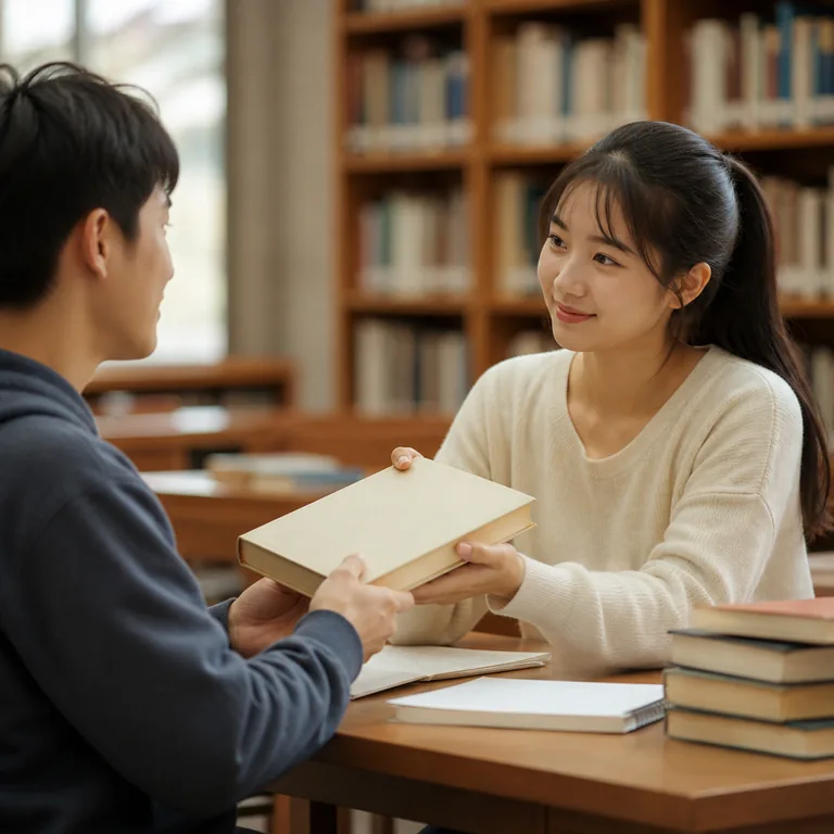 ภาพคำศัพท์จีน 借 แสดงนักเรียนกำลังยืมหนังสือจากเพื่อนในห้องสมุด