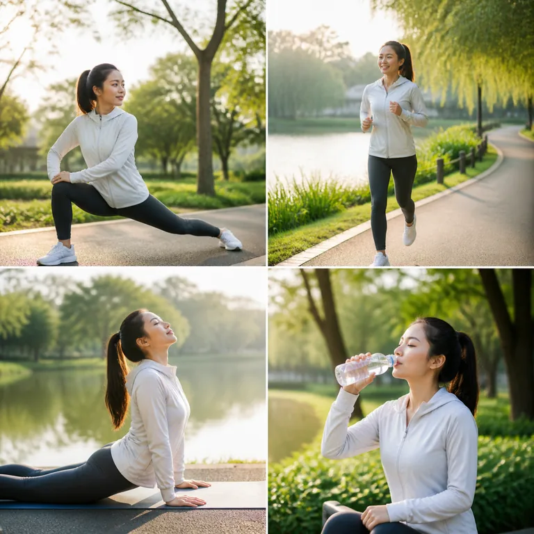 ภาพคำศัพท์จีน 经常 แสดงคนทำกิจวัตรยามเช้าเป็นประจำในสวน