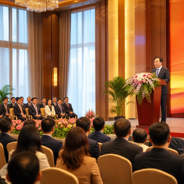 ภาพคำศัพท์จีน 举行 แสดงงานประชุมที่กำลังจัดขึ้นในห้องโถง