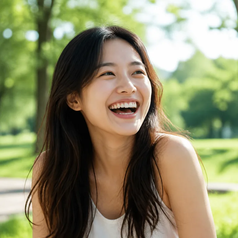 ภาพคำศัพท์จีน 开心 แสดงคนกำลังหัวเราะอย่างมีความสุขในสวน