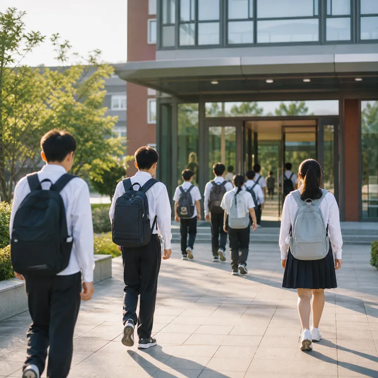 ภาพคำศัพท์จีน 开学 แสดงนักเรียนเดินเข้าสถานศึกษาในวันเปิดภาคเรียน