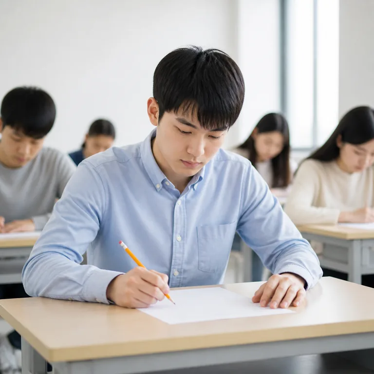 ภาพคำศัพท์จีน 考生 แสดงผู้เข้าสอบกำลังทำข้อสอบในห้องสอบ