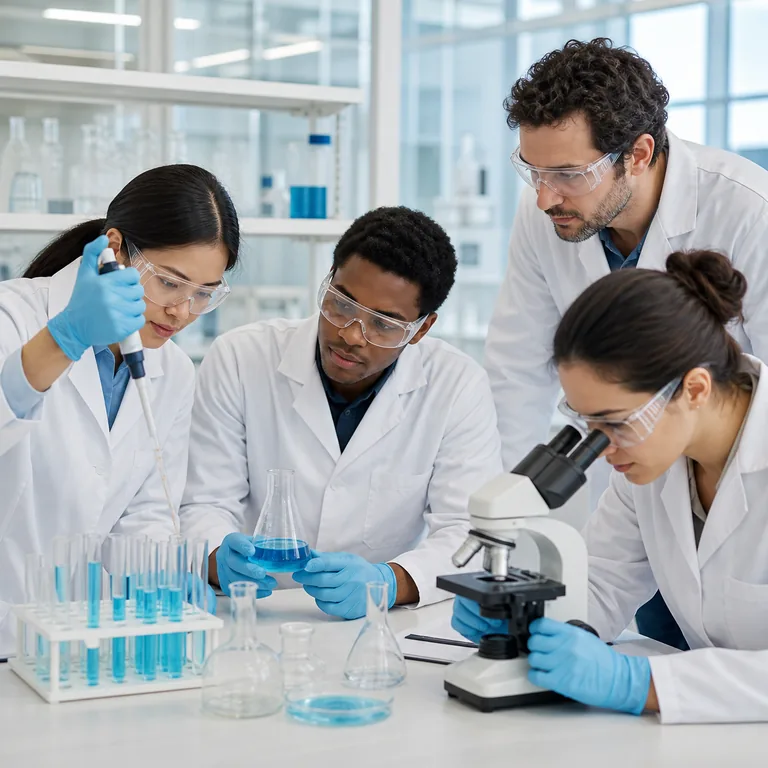 ภาพคำศัพท์จีน 科学 แสดงทีมวิจัยกำลังทำการทดลองในห้องแล็บ