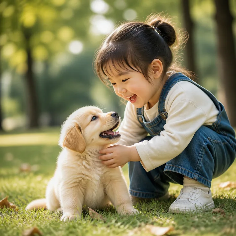 ภาพคำศัพท์จีน 可爱 แสดงเด็กกำลังเล่นกับลูกสุนัขอย่างน่ารัก