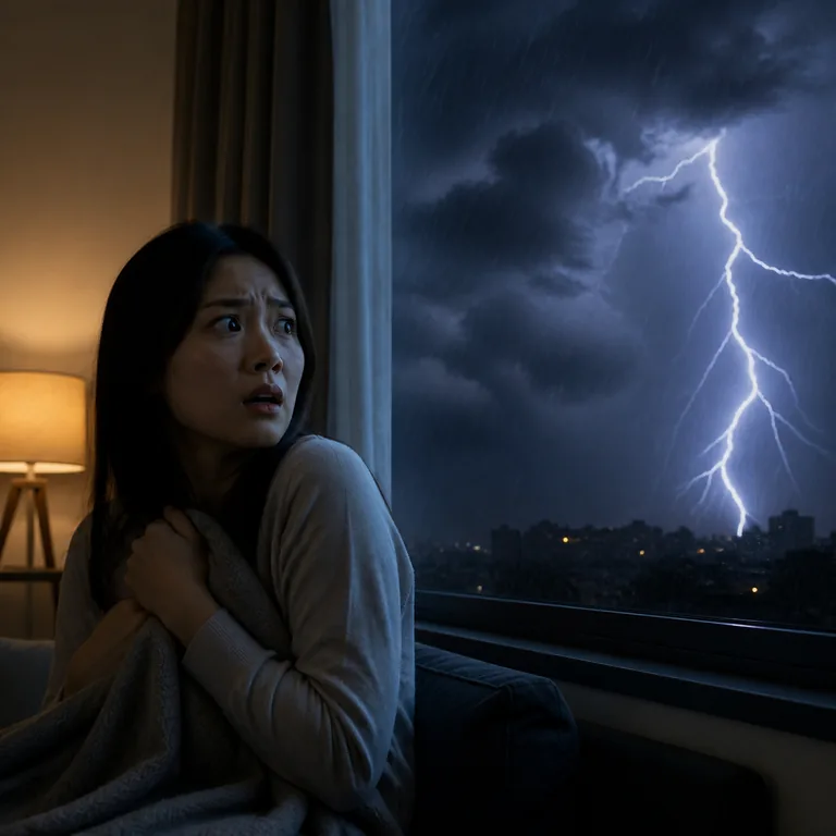 ภาพคำศัพท์จีน 可怕 แสดงคนตกใจเมื่อเห็นพายุฟ้าคะนอง