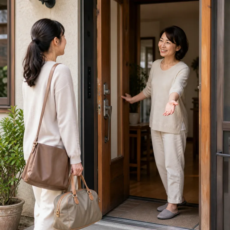 ภาพคำศัพท์จีน 客人 แสดงแขกมาถึงบ้านและเจ้าของบ้านกำลังต้อนรับ