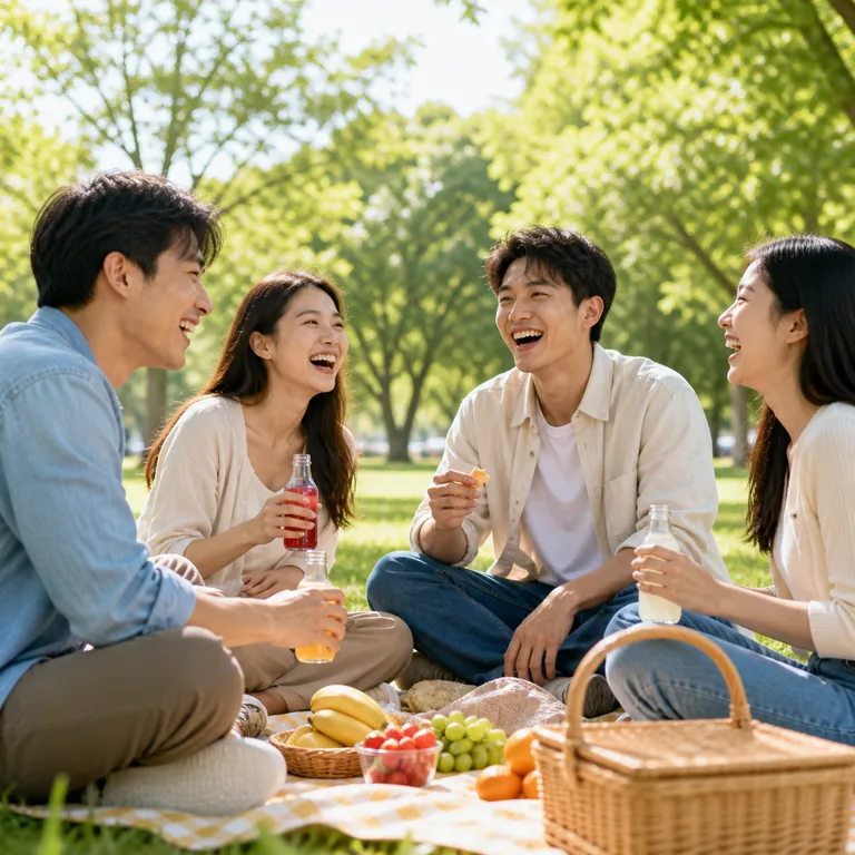 ภาพคำศัพท์จีน 快乐 แสดงกลุ่มเพื่อนหัวเราะอย่างมีความสุขในสวน