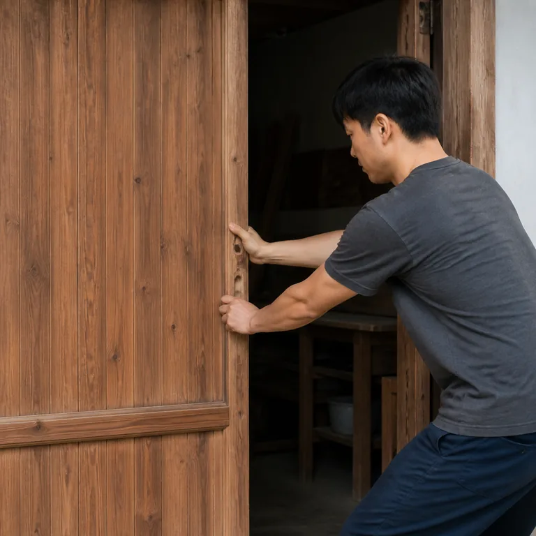 ภาพคำศัพท์จีน 拉 แสดงคนกำลังดึงประตูไม้ให้เปิด