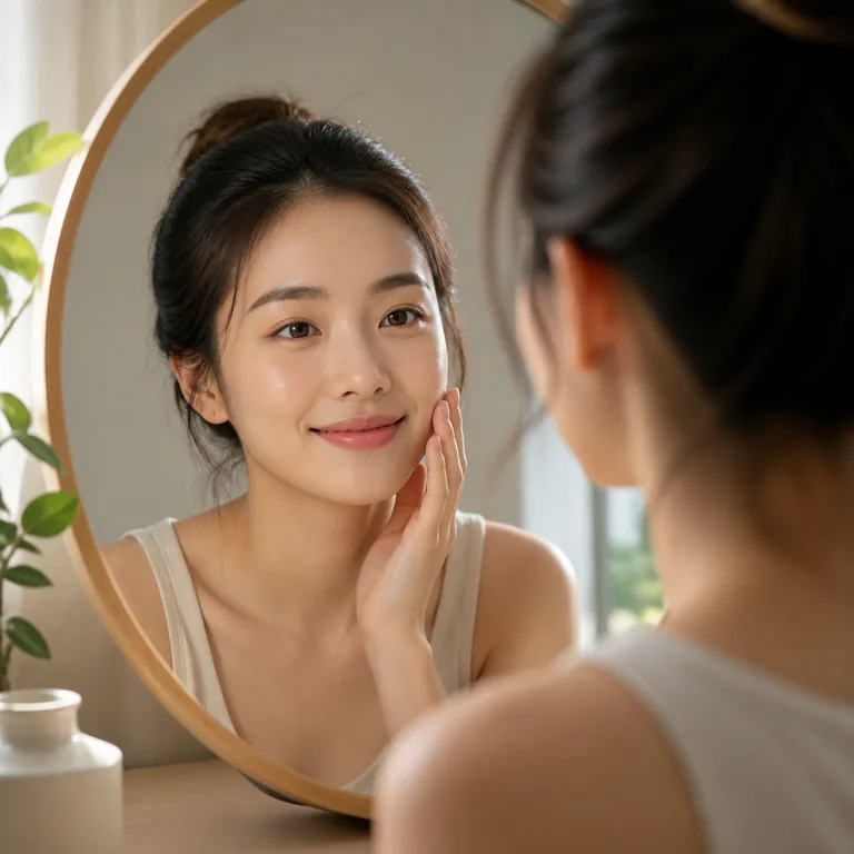 ภาพคำศัพท์จีน 脸 แสดงใบหน้าคนกำลังมองกระจกอย่างเป็นธรรมชาติ