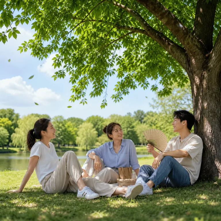 ภาพคำศัพท์จีน 凉快 แสดงเพื่อนกำลังนั่งสบายใต้ร่มไม้ในวันที่อากาศร้อน