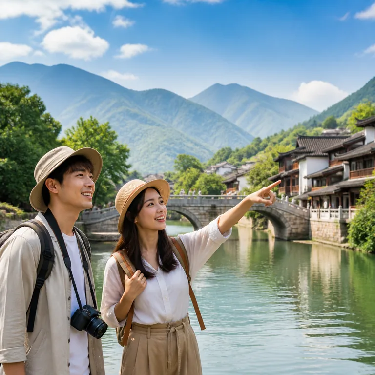 ภาพคำศัพท์จีน 旅游 แสดงนักท่องเที่ยวกำลังชมเมืองริมน้ำและสะพานโบราณ