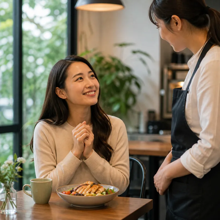 ภาพคำศัพท์จีน 满意 แสดงลูกค้ายิ้มอย่างพอใจหลังรับประทานอาหาร