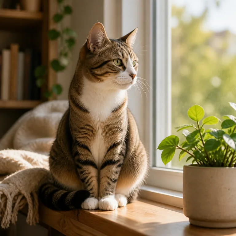 ภาพคำศัพท์จีน 猫 แสดงแมวบ้านนั่งรับแสงแดดข้างหน้าต่าง