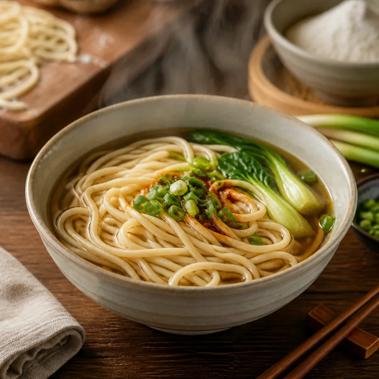 ภาพคำศัพท์จีน 面 แสดงชามบะหมี่เส้นสดร้อน ๆ บนโต๊ะอาหาร