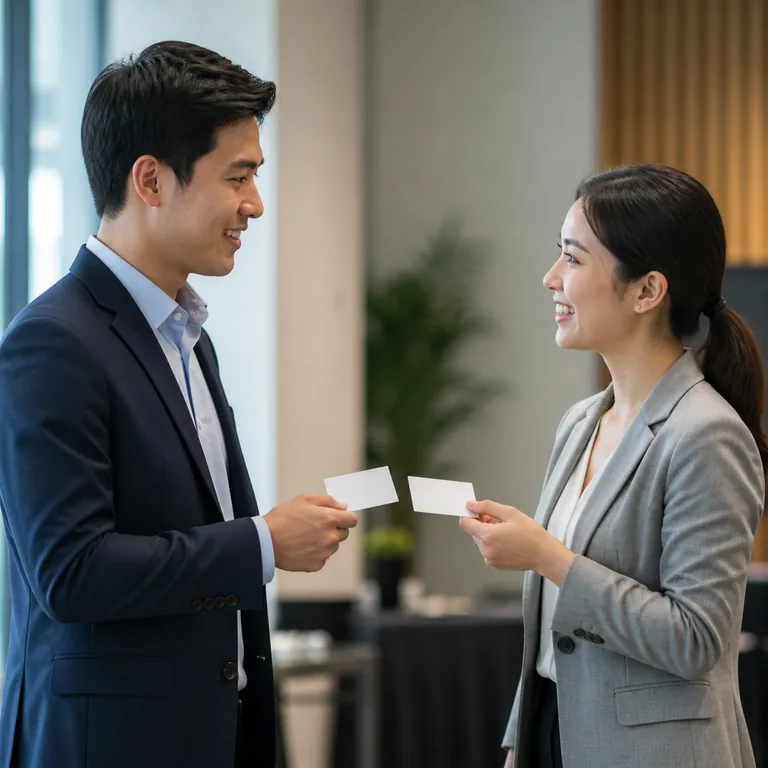 ภาพคำศัพท์จีน 名 แสดงคนสองคนกำลังแนะนำตัวพร้อมบัตรเปล่า