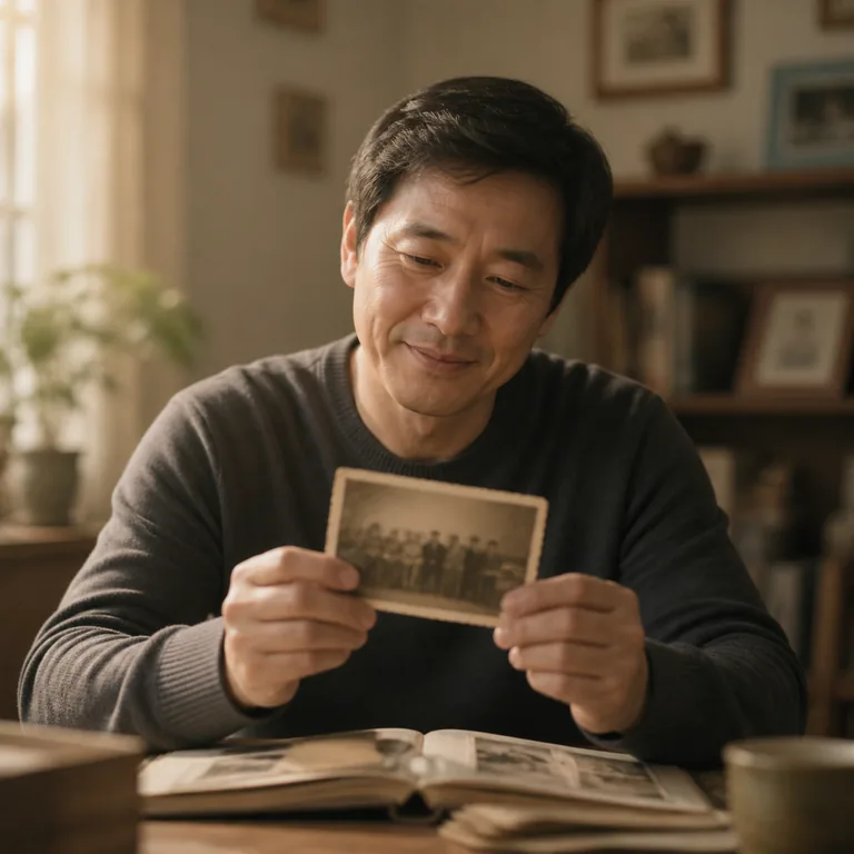 ภาพคำศัพท์จีน 那会儿 แสดงผู้ใหญ่กำลังมองภาพถ่ายเก่าอย่างคิดถึง