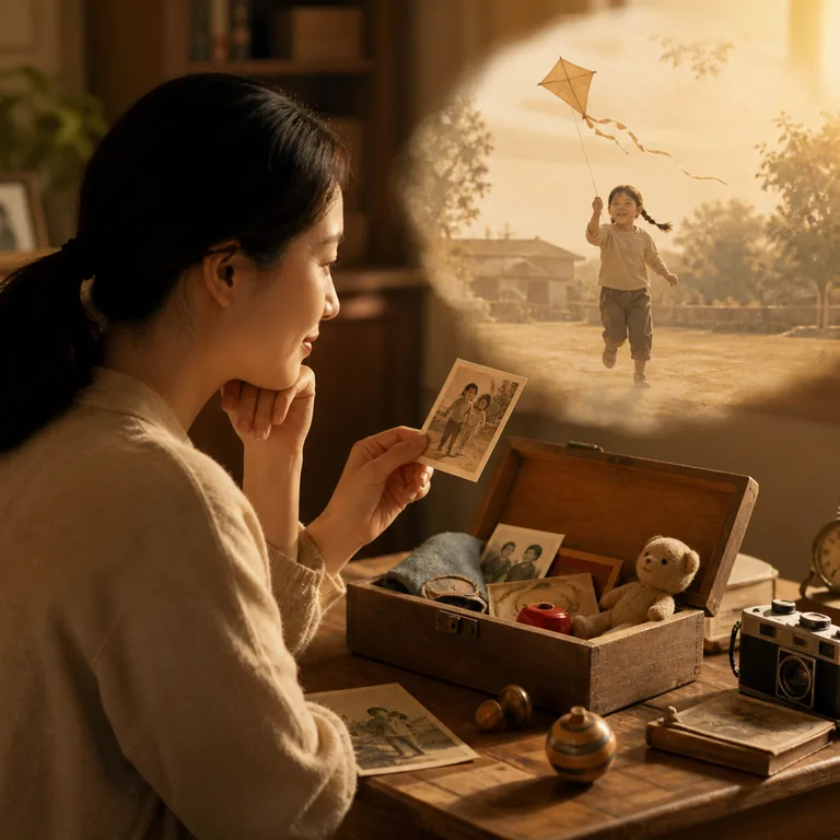 ภาพคำศัพท์จีน 那时候 แสดงคนกำลังรำลึกอดีตผ่านกล่องของที่ระลึกและของเล่นเก่า