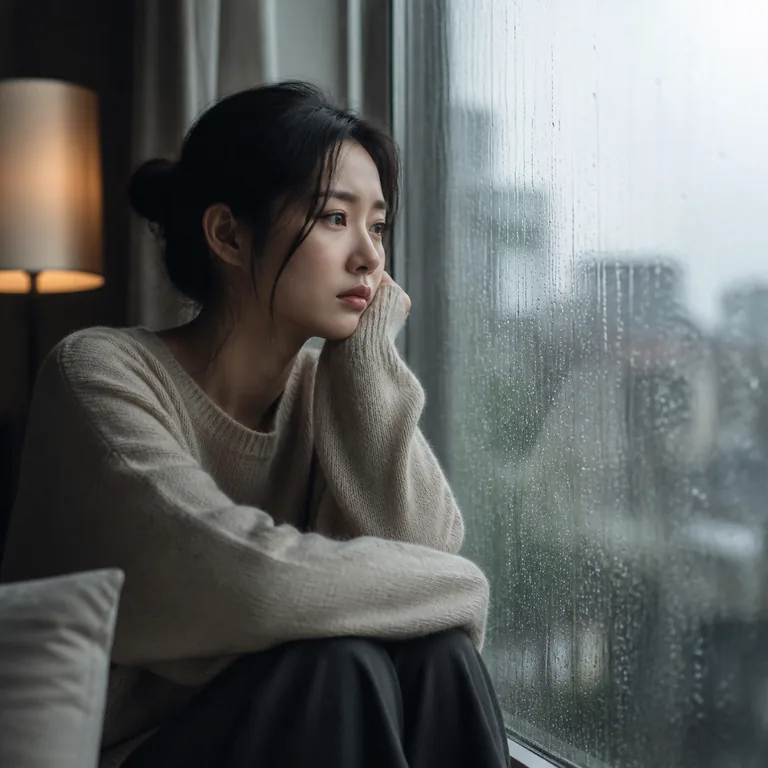 ภาพคำศัพท์จีน 难过 แสดงคนกำลังนั่งเศร้าข้างหน้าต่างที่มีฝนตก