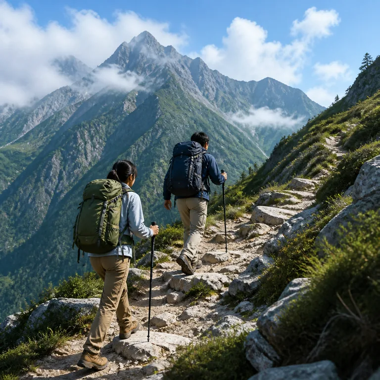 ภาพคำศัพท์จีน 爬山 แสดงนักเดินทางกำลังเดินขึ้นเส้นทางภูเขา