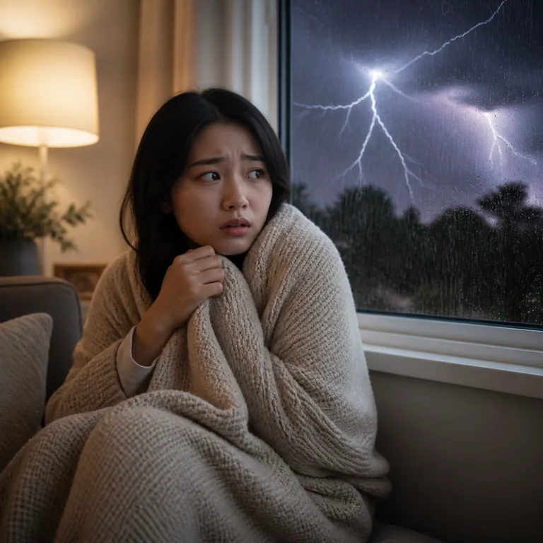 ภาพคำศัพท์จีน 怕 แสดงคนกำลังรู้สึกกลัวขณะมองพายุฝนจากหน้าต่าง