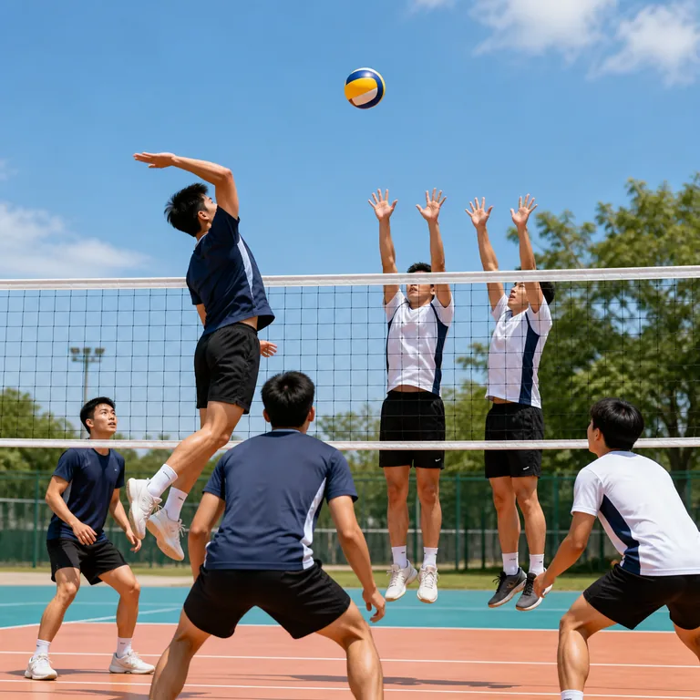 ภาพคำศัพท์จีน 排球 แสดงการแข่งขันวอลเลย์บอลเหนือเน็ต