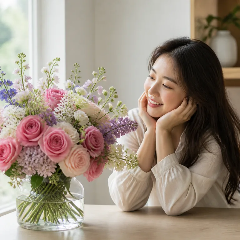 ภาพคำศัพท์จีน 漂亮 แสดงคนกำลังชื่นชมช่อดอกไม้ที่สวยงาม