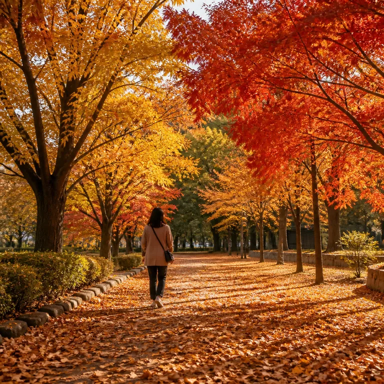 ภาพคำศัพท์จีน 秋天 แสดงสวนที่มีต้นไม้และใบไม้สีทองแดงในฤดูใบไม้ร่วง