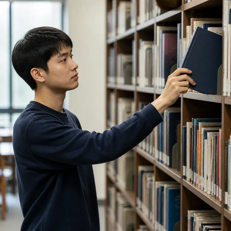ภาพคำศัพท์จีน 取 แสดงคนกำลังหยิบหนังสือออกจากชั้น