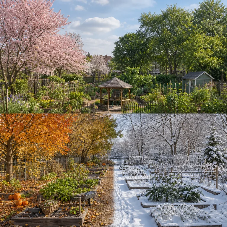ภาพคำศัพท์จีน 全年 แสดงสวนชุมชนในสี่ฤดูกาลภายในภาพเดียว