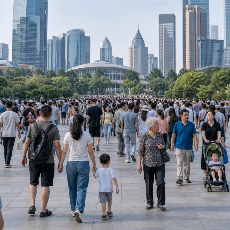 ภาพคำศัพท์จีน 人口 แสดงผู้คนจำนวนมากในลานเมืองที่มีอาคารสูง