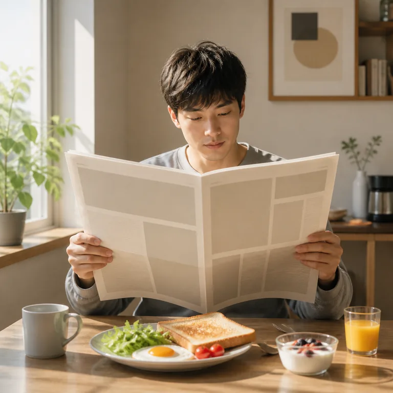 ภาพคำศัพท์จีน 日报 แสดงคนกำลังอ่านหนังสือพิมพ์รายวันยามเช้า
