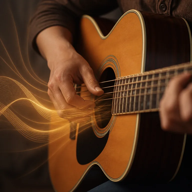 ภาพคำศัพท์จีน 声音 แสดงมือกำลังดีดกีตาร์พร้อมคลื่นเสียงนุ่มนวล