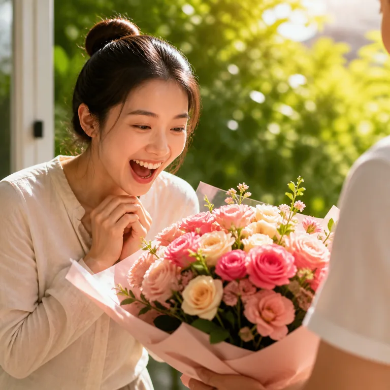 ภาพคำศัพท์จีน 十分 แสดงคนกำลังดีใจมากเมื่อได้รับช่อดอกไม้
