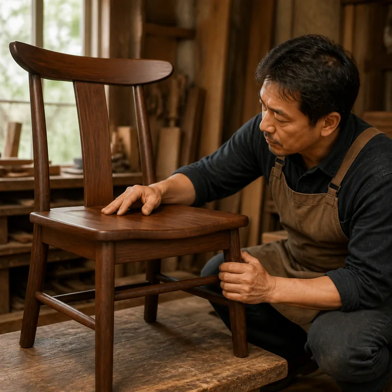 ภาพคำศัพท์จีน 实际 แสดงช่างกำลังตรวจเก้าอี้ไม้ที่ทำเสร็จจริงด้วยมือ