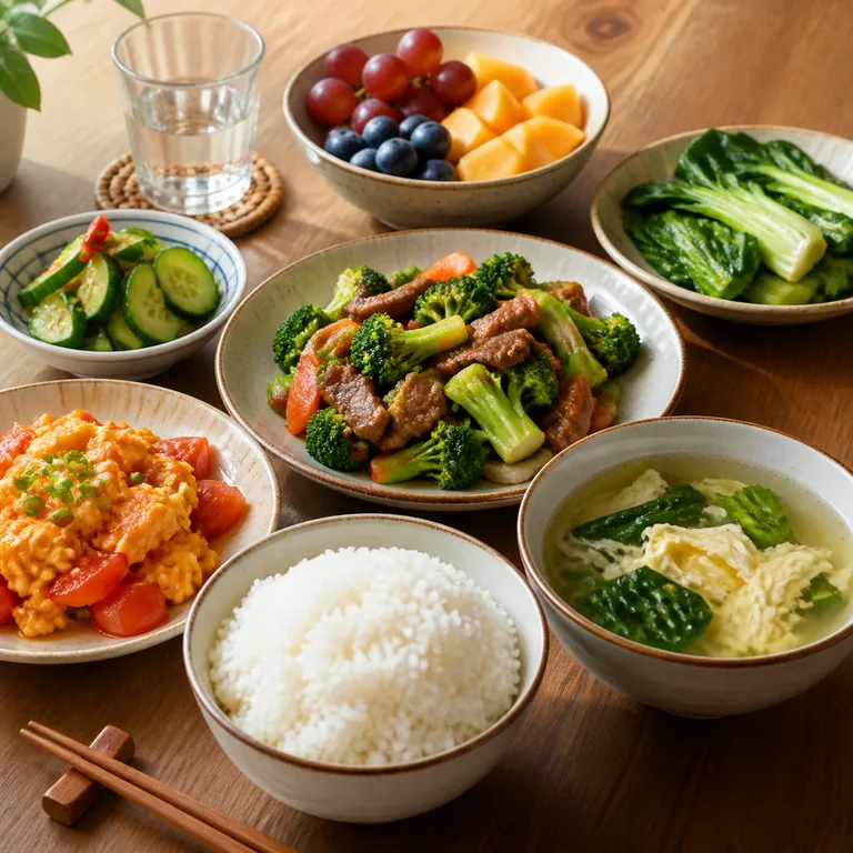 ภาพคำศัพท์จีน 食物 แสดงอาหารหลายชนิดวางพร้อมรับประทานบนโต๊ะ