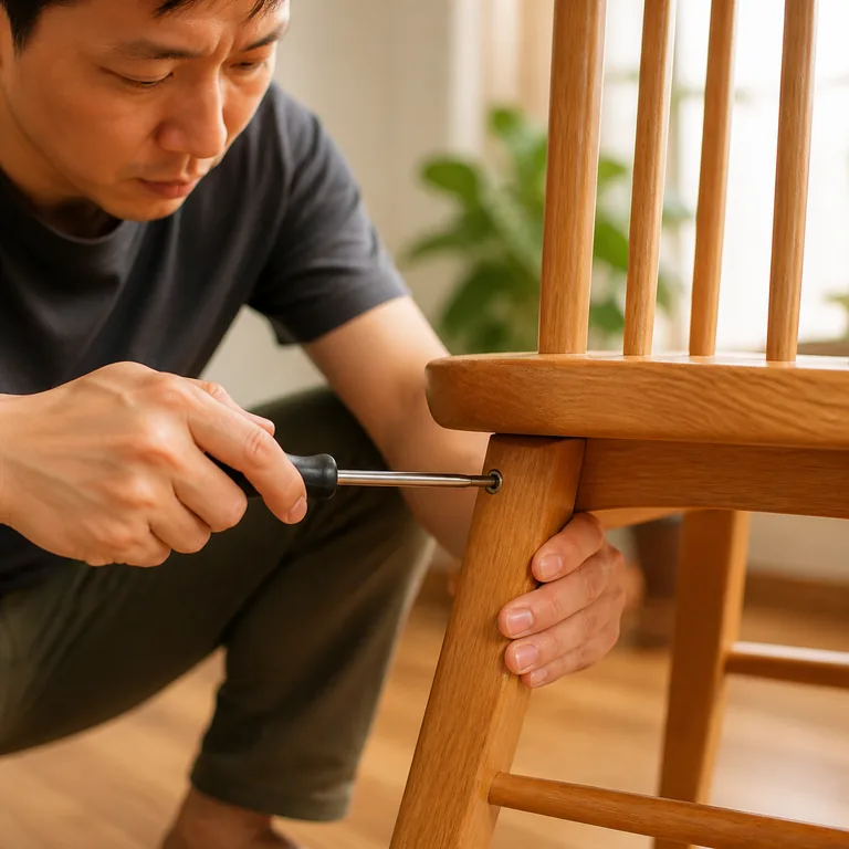 ภาพคำศัพท์จีน 使用 แสดงคนกำลังใช้ไขควงขันสกรูที่เก้าอี้ไม้