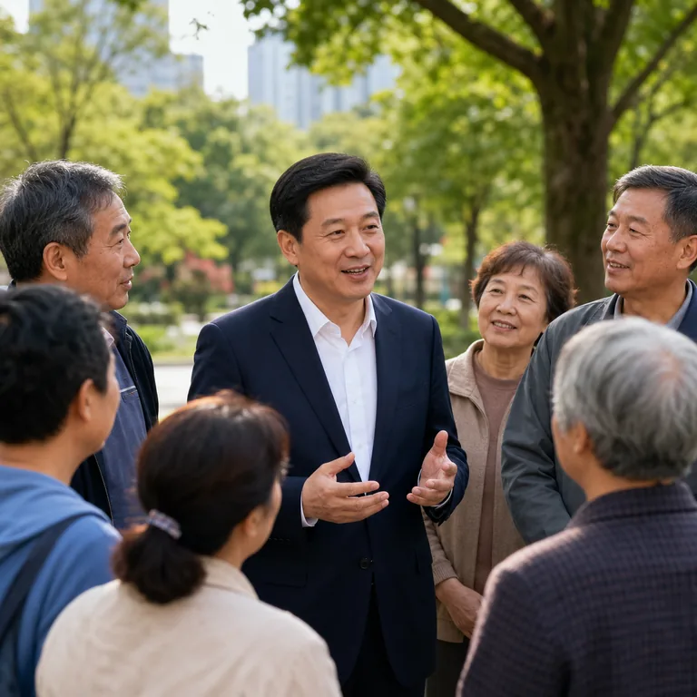 ภาพคำศัพท์จีน 市长 แสดงผู้นำเมืองกำลังพูดคุยกับชาวบ้านในสวนสาธารณะ