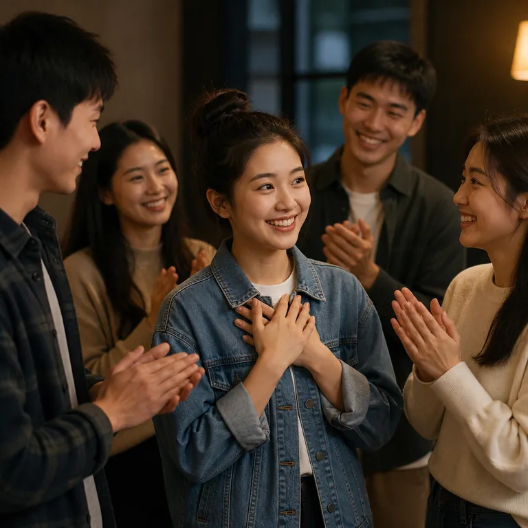 ภาพคำศัพท์จีน 受到 แสดงคนกำลังได้รับกำลังใจและคำชื่นชมจากเพื่อน