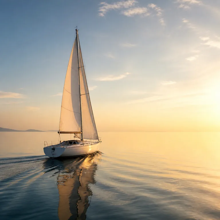 ภาพคำศัพท์จีน 顺利 แสดงเรือใบกำลังแล่นอย่างราบรื่นบนผืนน้ำสงบ