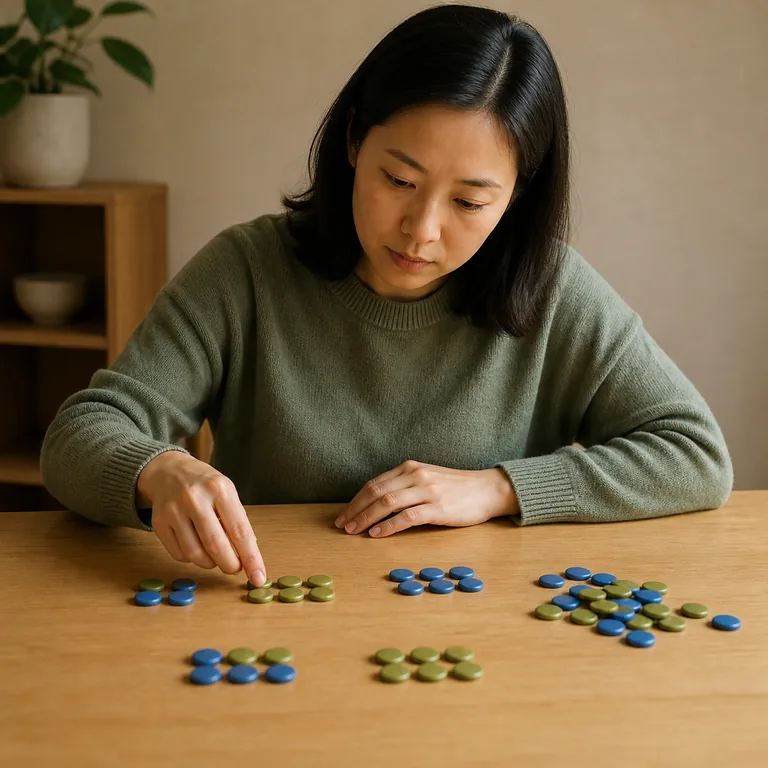 ภาพคำศัพท์จีน 算 แสดงคนกำลังจัดกลุ่มตัวนับสีต่าง ๆ เพื่อคำนวณ
