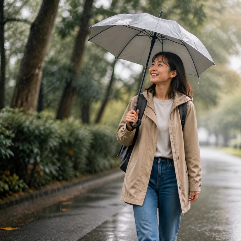 ภาพคำศัพท์จีน 虽然 แสดงคนเดินต่ออย่างมีความสุขแม้ฝนกำลังตก