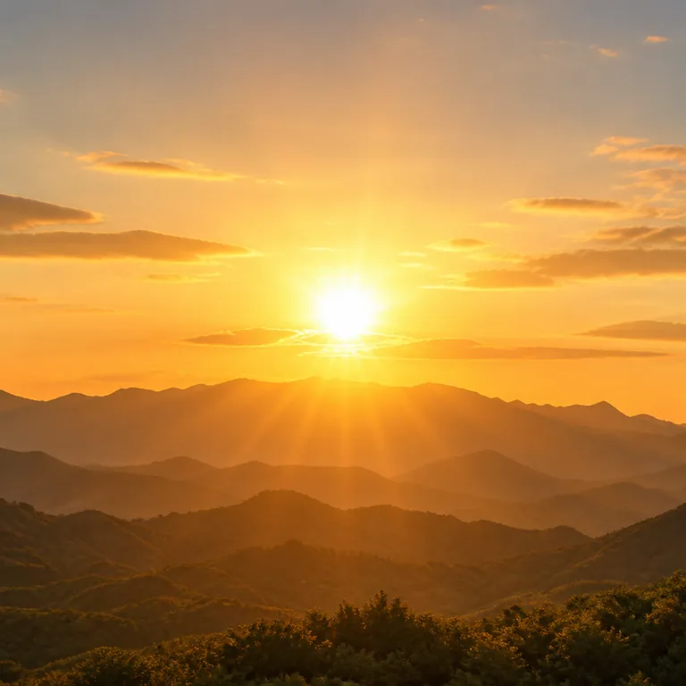 ภาพคำศัพท์จีน 太阳 แสดงดวงอาทิตย์ขึ้นเหนือแนวภูเขา