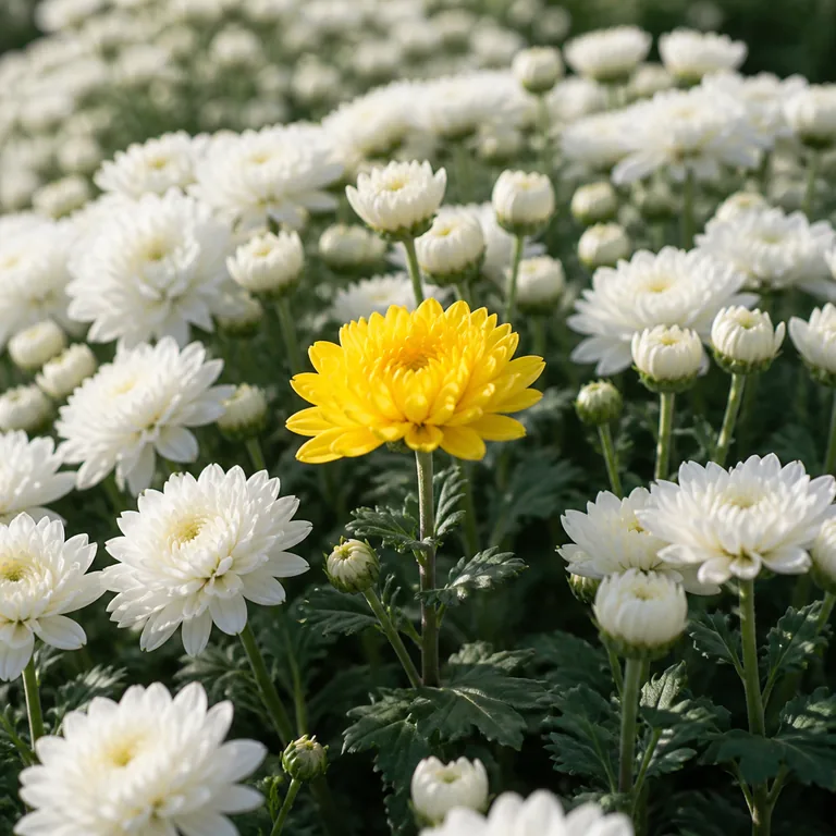 ภาพคำศัพท์จีน 特别 แสดงดอกไม้สีเหลืองดอกเดียวท่ามกลางดอกไม้สีขาว