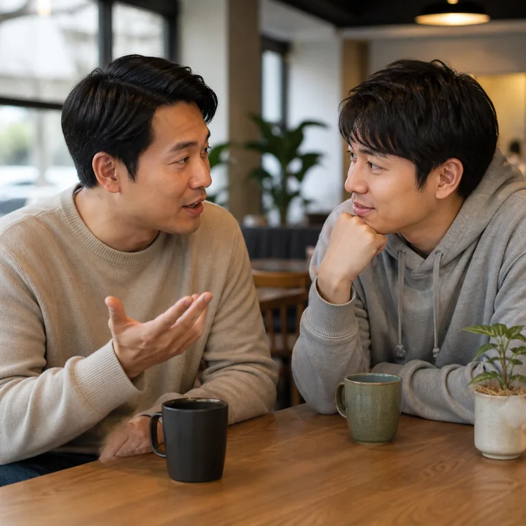 ภาพคำศัพท์จีน 听说 แสดงเพื่อนสองคนกำลังเล่าข่าวให้กันฟัง