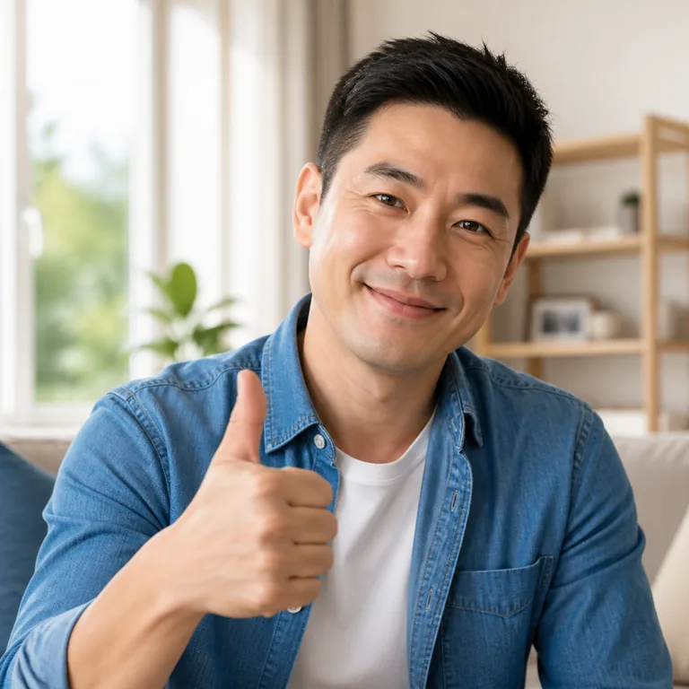 ภาพคำศัพท์จีน 挺好 แสดงผู้ชายยิ้มและยกนิ้วโป้ง