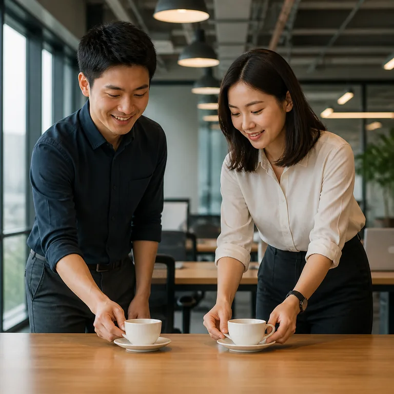 ภาพคำศัพท์จีน 同时 แสดงเพื่อนร่วมงานวางถ้วยกาแฟพร้อมกัน